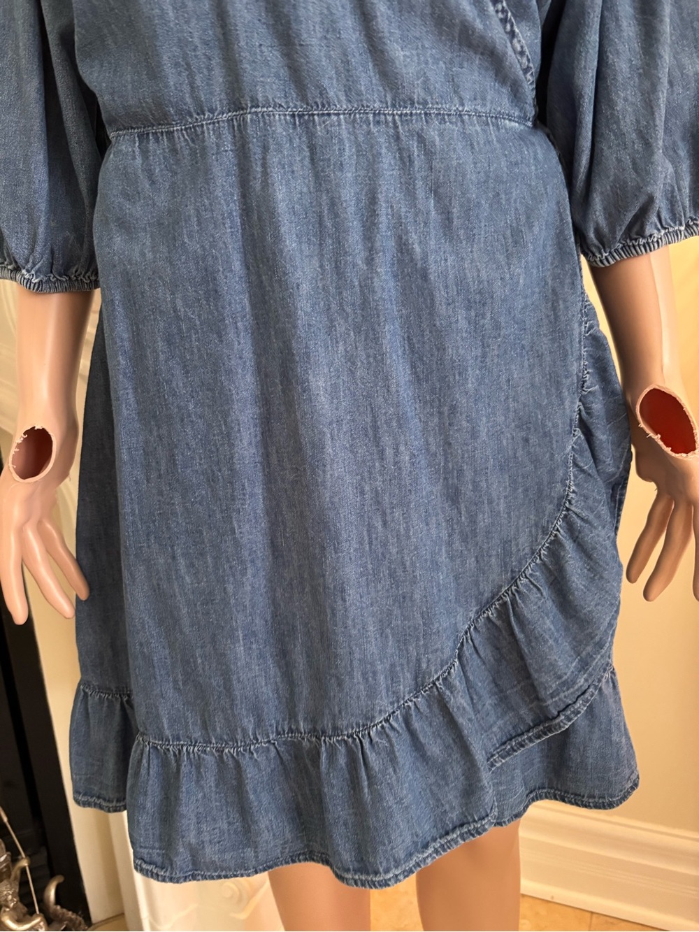 Denim Blue Wrap Ruffle Mini Dress with Puff Sleeves - Picture 3 of 14